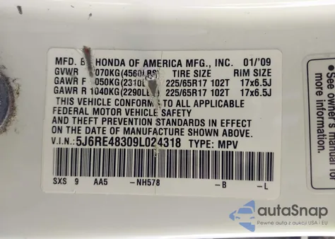 2009 Honda Cr-V Lx из США, поврежденный, VIN 5J6RE48309L024318